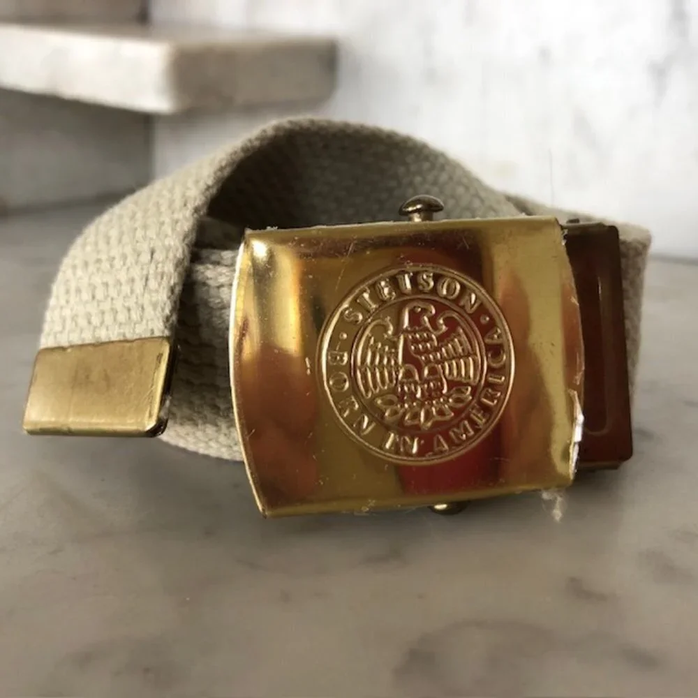 STETSON Born in American Eagle Embossed Gold Tone Web Belt Vintage RARE